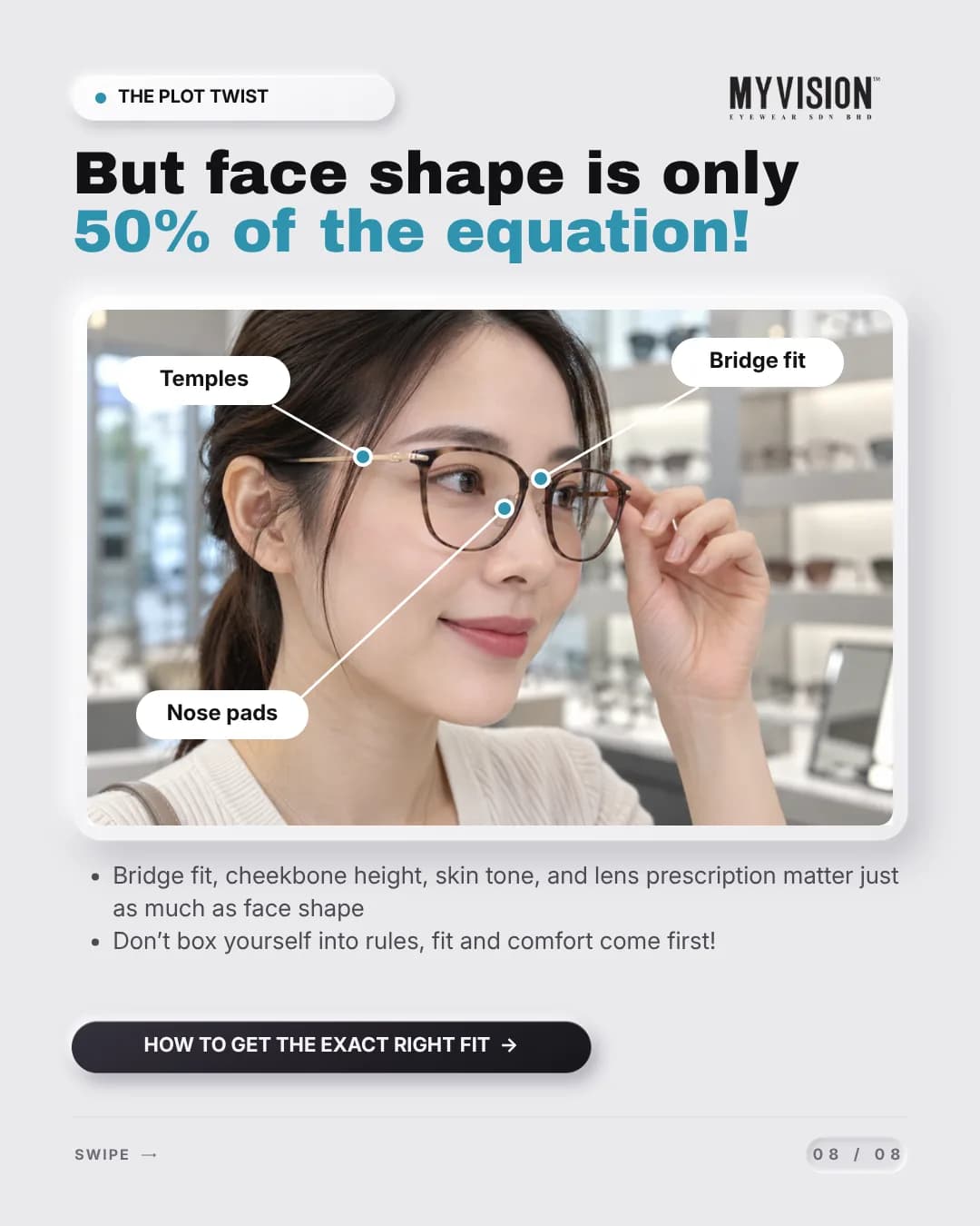 A woman adjusting her glasses, with the temples, the bridge fit and the nose pads called out on the photo.