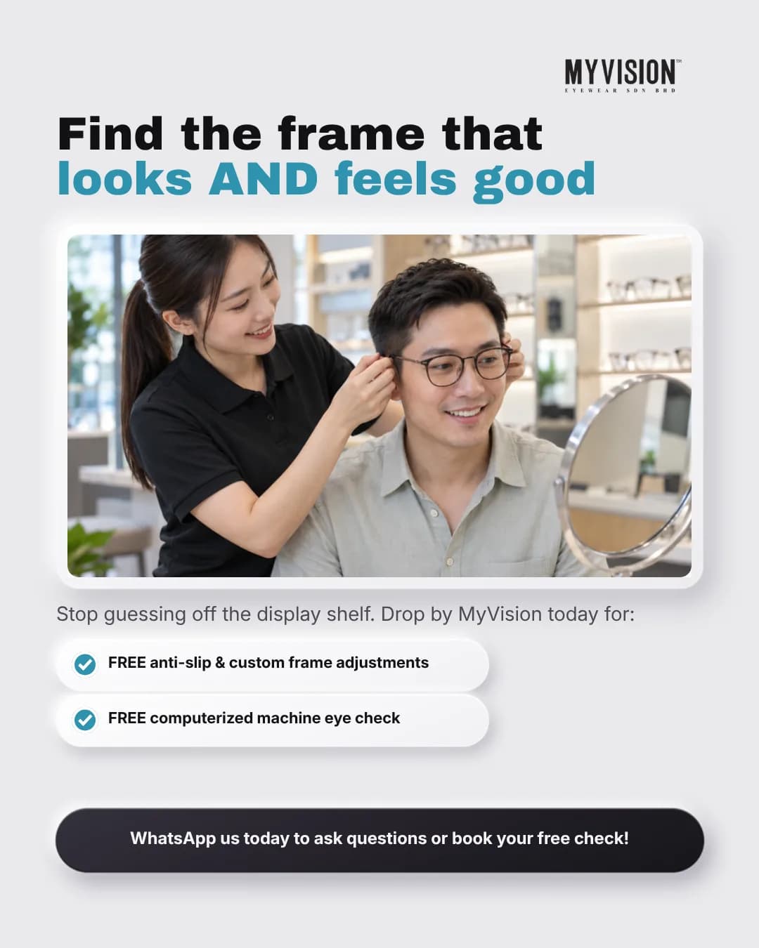A My Vision staff member fitting a pair of glasses on a smiling customer in front of a mirror.