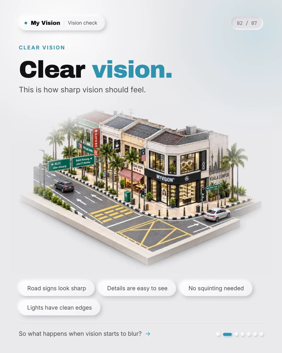 The same isometric street corner rendered sharply: crisp road signs, clean detail, lights with clean edges.