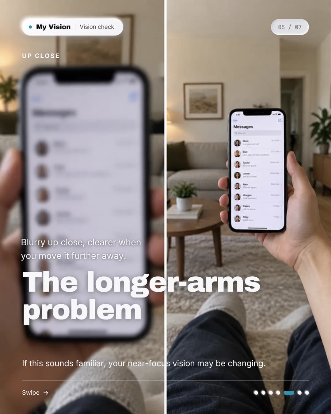 A split screen of the same messaging app on a phone: blurred when held close, clear when held further away.