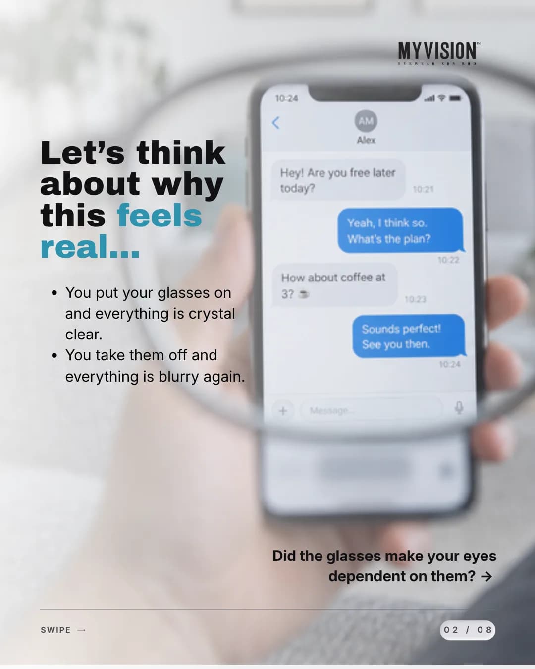 A hand holding a phone with a messaging conversation on screen, seen crisply through a lens.