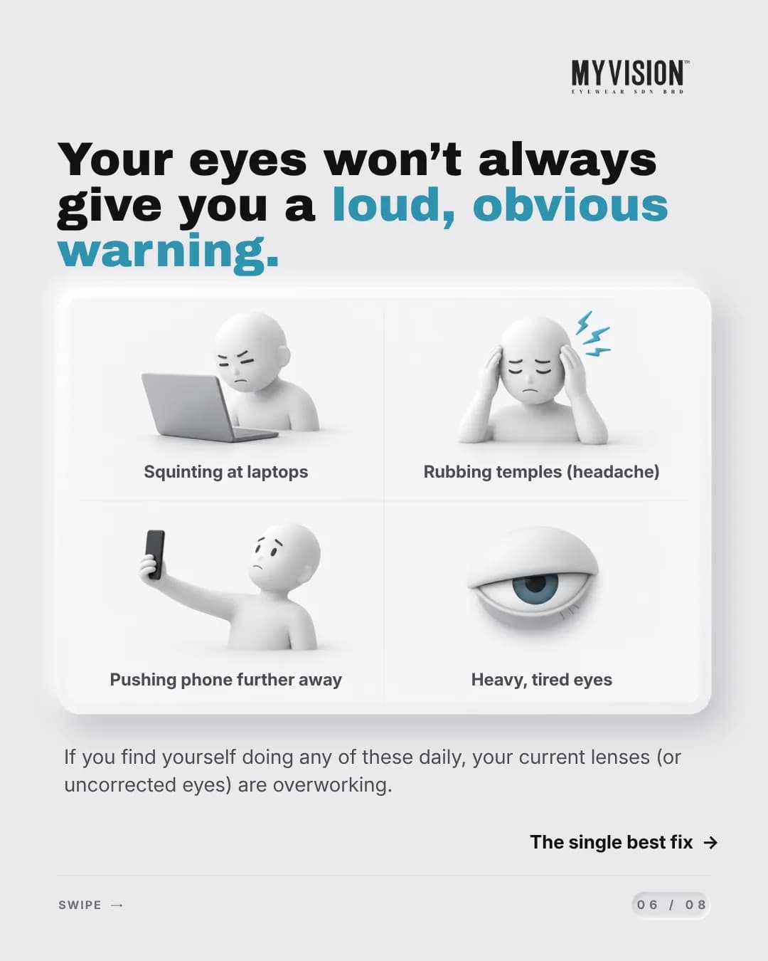 Four icons of everyday strain: squinting at a laptop, rubbing the temples with a headache, pushing a phone further away, and a heavy, tired eye.