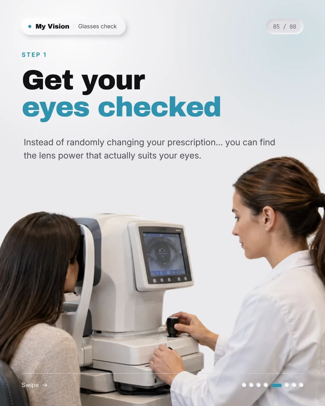 An optometrist guiding a customer through an eye test on a computerised refraction machine.