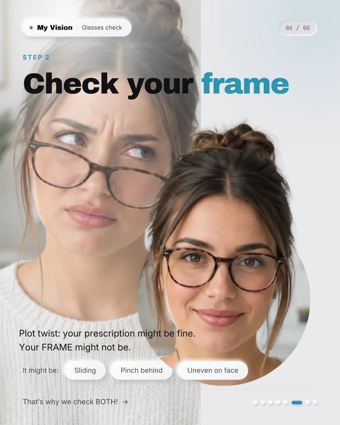 Two women pull their glasses down the nose, comparing how differently each pair sits on the face.