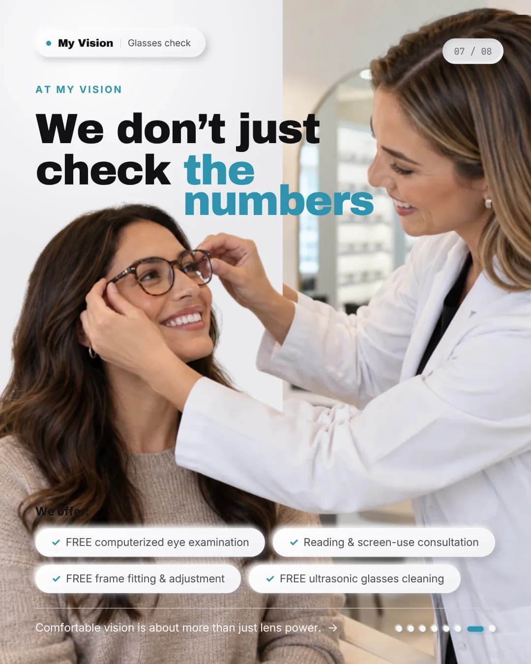 An optometrist fitting a pair of glasses onto a smiling customer in store.