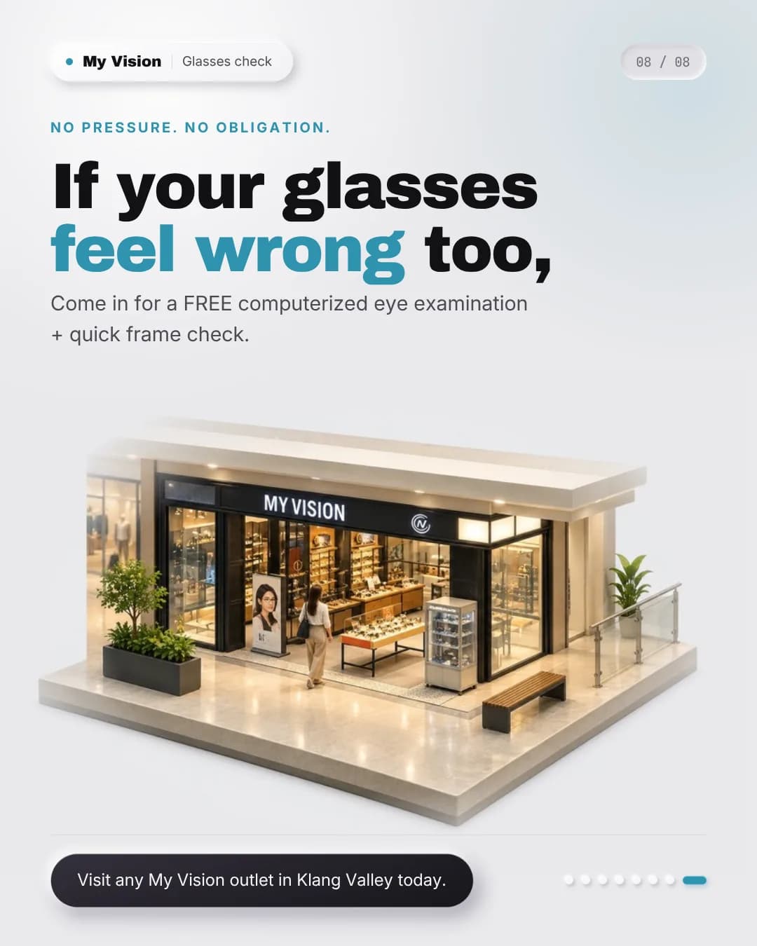 An isometric illustration of a My Vision storefront at street level, lit and open.